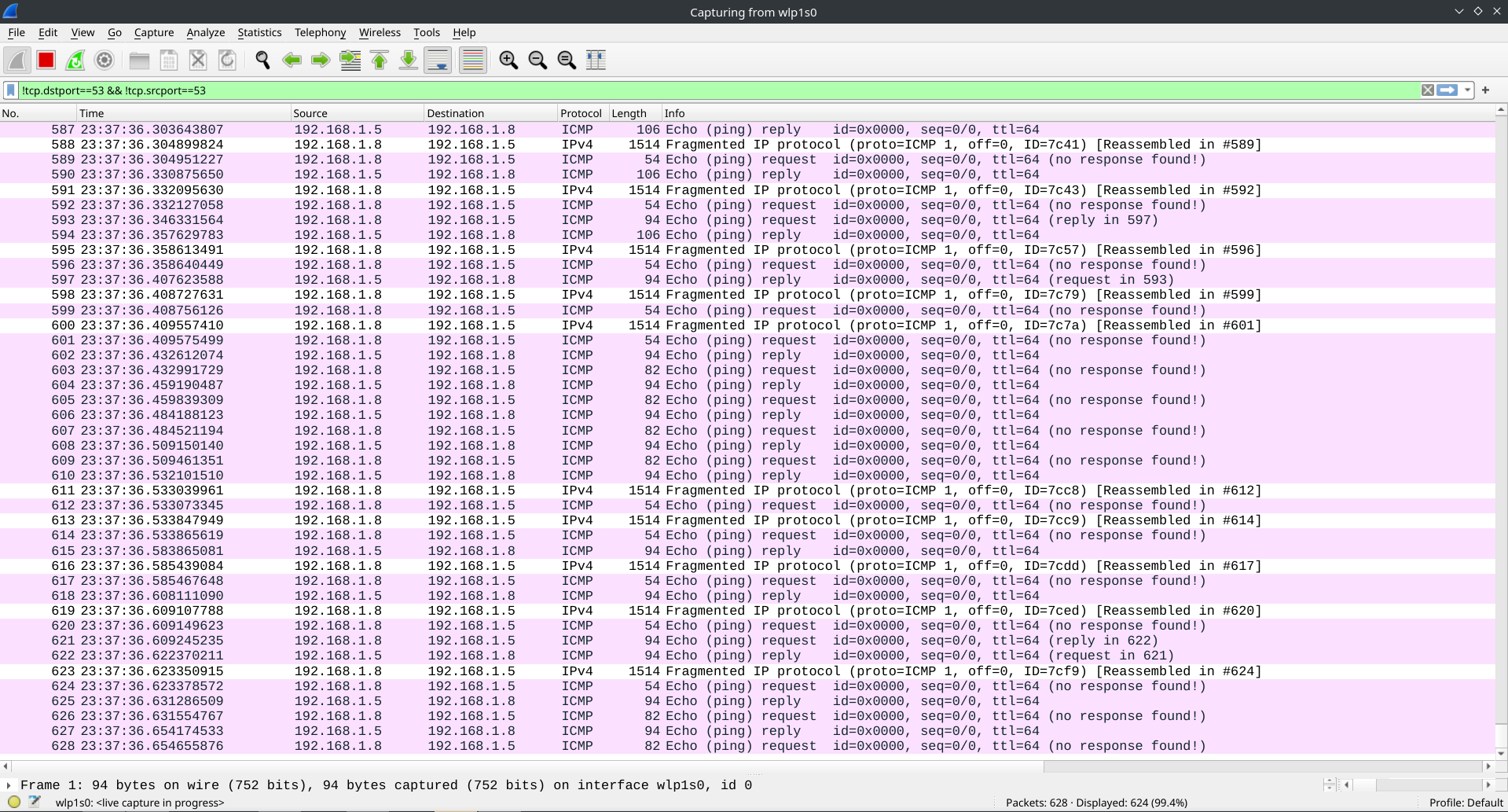 Wireshark capture with the software enabled